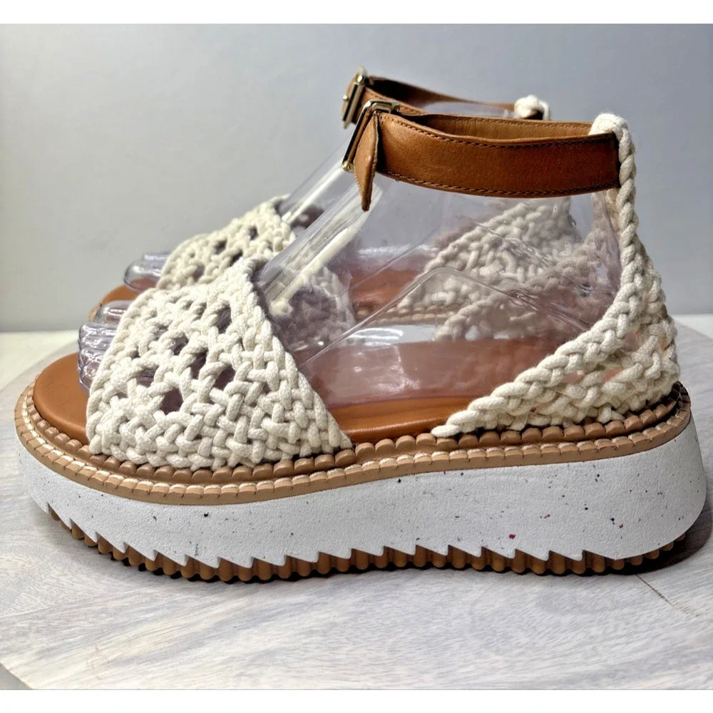 Chloé Crochet Platform Sandals Size 37 US 7 White Leather Ankle Strap Wedge - Picture 2 of 12